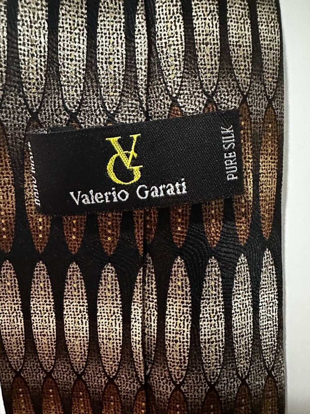 Valerio Garati Men's Pure Silk Hand Made Necktie, Black, Gold & Silver Geometric